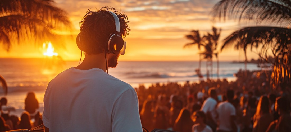 DJ tritt bei einer Strandparty mit einer großen Menschenmenge im Hintergrund auf.