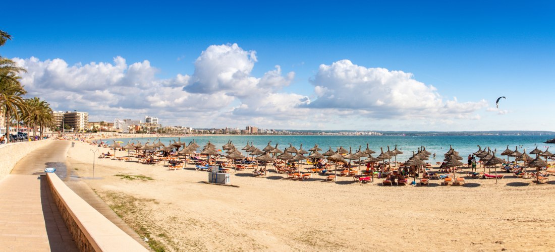 Panoramablick auf einen belebten Sandstrand mit Strohliegen und Sonnenschirmen, gesäumt von Palmen und einer Promenade, mit Blick auf das blaue Meer und die Stadt im Hintergrund