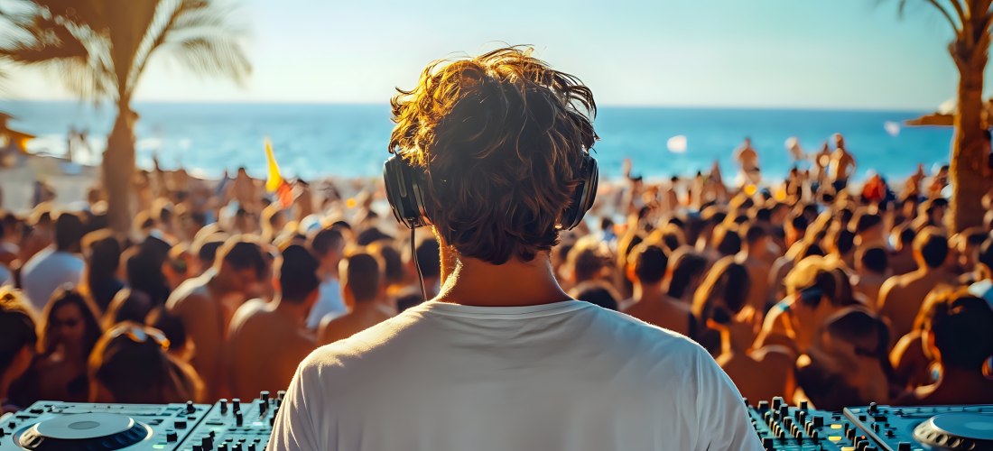 DJ tritt bei einer Strandparty mit einer großen Menschenmenge im Hintergrund auf.