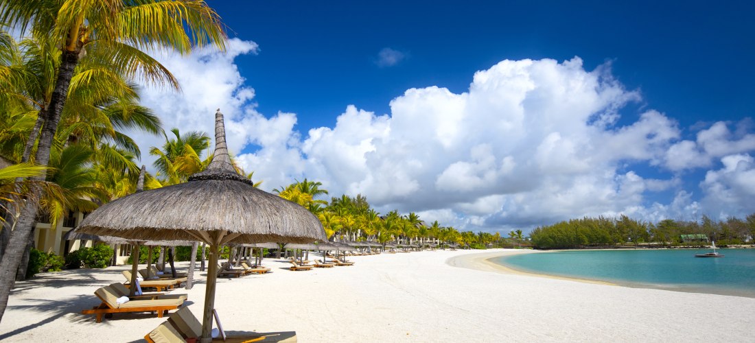luxuriöser, paradiesischer Strand mit feinem weißen Sand. Im Vordergrund befinden sich bequeme Liegen aus Holz, geschützt von strohbedeckten Sonnenschirmen. Majestätische Palmen mit sattgrünen Blättern spenden Schatten und sorgen für eine tropische Atmosp