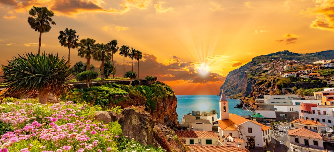 Blick auf eine Küstenstadt auf Madeira bei Sonnenuntergang. Im Vordergrund blühende Pflanzen und Palmen, dahinter Häuser mit roten Dächern auf einem Felsen über dem Meer. Die Sonne strahlt durch orange-goldene Wolken in den Atlantik.