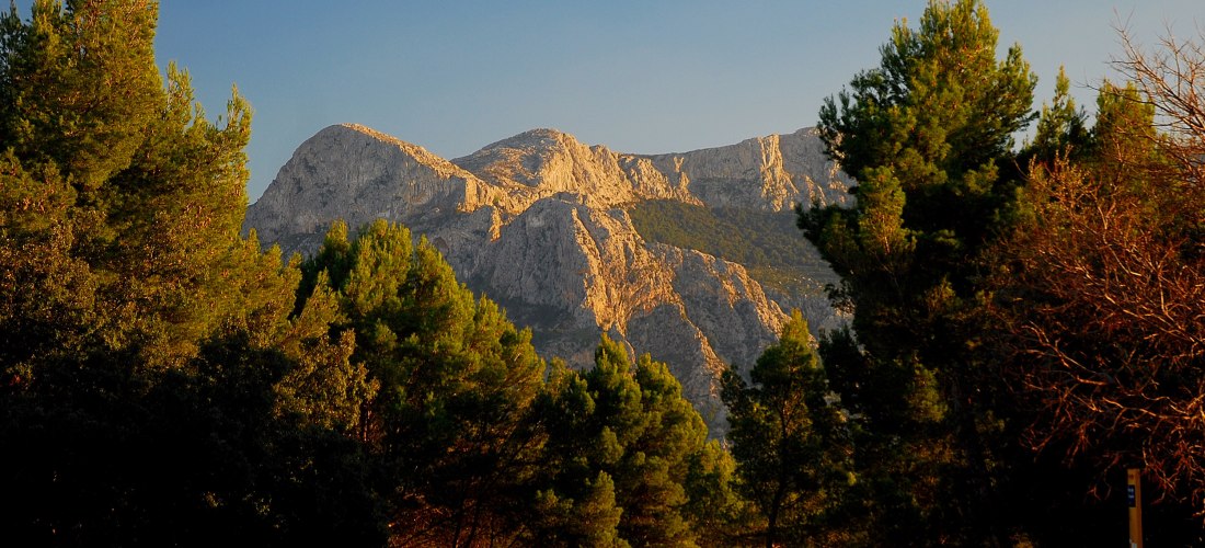 Beeindruckende Berglandschaft mit steilen, felsigen Gipfeln, die von der goldenen Abendsonne beleuchtet werden. Im Vordergrund sind dichte, grüne Kiefernwälder zu sehen, die bis zum Straßenrand reichen. Die Straße windet sich durch die Landschaft, an eini