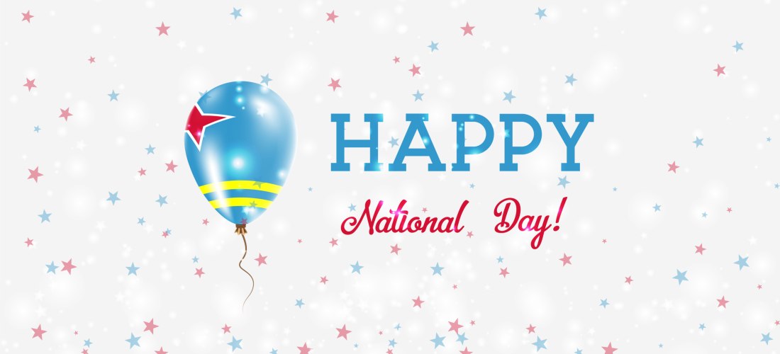 Grafik mit dem Text 'Happy National Day!' in Blau und Rot. Links ein blauer Ballon mit gelben Streifen und rotem Stern – inspiriert von der Flagge Arubas. Umgeben von weißen Lichtpunkten und roten sowie blauen Sternen auf hellem Hintergrund.