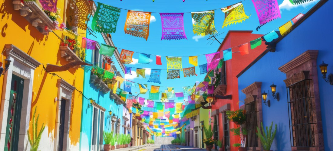 Eine malerische Straße mit farbenfrohen Häuserfassaden und traditionellen mexikanischen Papierfahnen (Papel Picado). Die Straßen sind geschmückt mit blühenden Pflanzen und verströmen eine lebendige, einladende Atmosphäre.