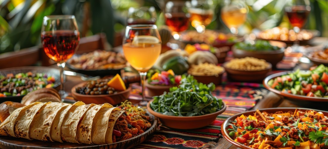 Ein reich gedeckter Tisch mit köstlichen mexikanischen Speisen: Frische Tacos, bunte Salate, würzige Bohnen und aromatische Saucen werden auf kunstvollen Tellern serviert. Dazu genießen die Gäste ein Glas edlen Weins in einer gemütlichen, stilvollen Atmos