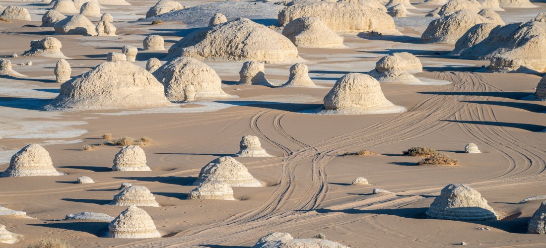 Ägypten - Weiße-Wüsten-Nationalpark Das Bild zeigt eine außergewöhnliche Landschaft im White Desert Nationalpark in Ägypten. Die sandige Ebene ist von zahlreichen hellen Kalksteinformationen übersät, die wie riesige Pilze, Hügel oder Kuppeln geformt sind. Der Untergrund wechselt zwischen we