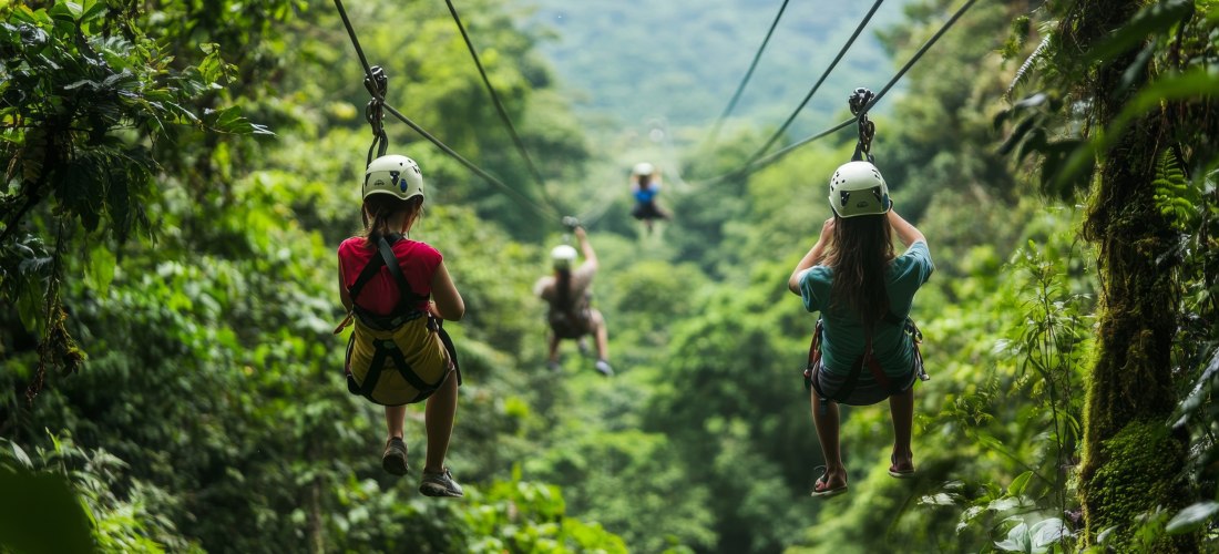 Menschen gleiten mit Ziplining-Ausrüstung durch einen üppigen, grünen Regenwald