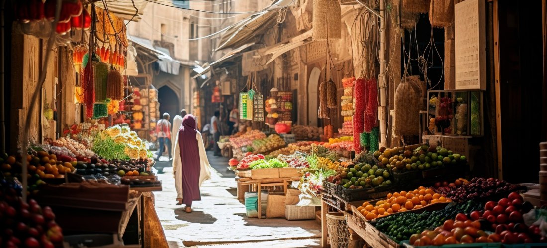 Ein traditioneller orientalischer Markt in einer engen Gasse. Links und rechts reihen sich Stände mit frischem Obst und Gemüse – Tomaten, Orangen, Trauben, Paprika und mehr. Eine Person in einem langen, violetten Gewand geht durch die Gasse. Die Szene ist