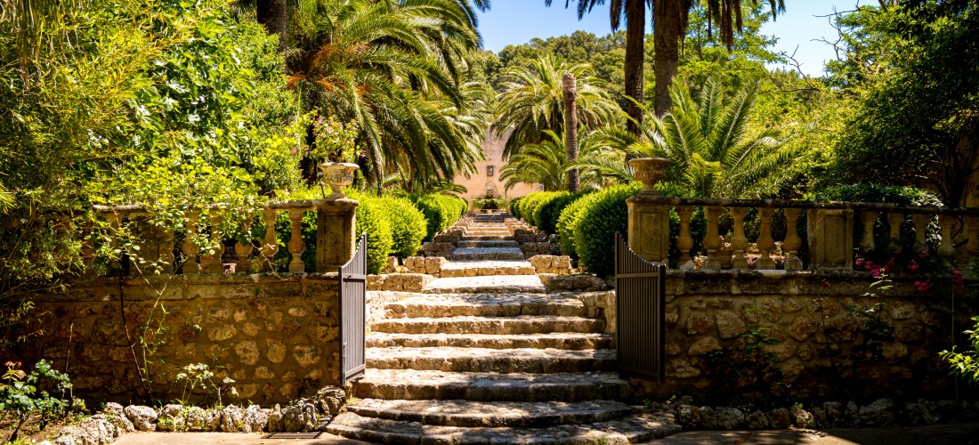 Steintreppe in einer gepflegten historischen Gartenanlage mit Palmen, Hecken und mediterraner Vegetation