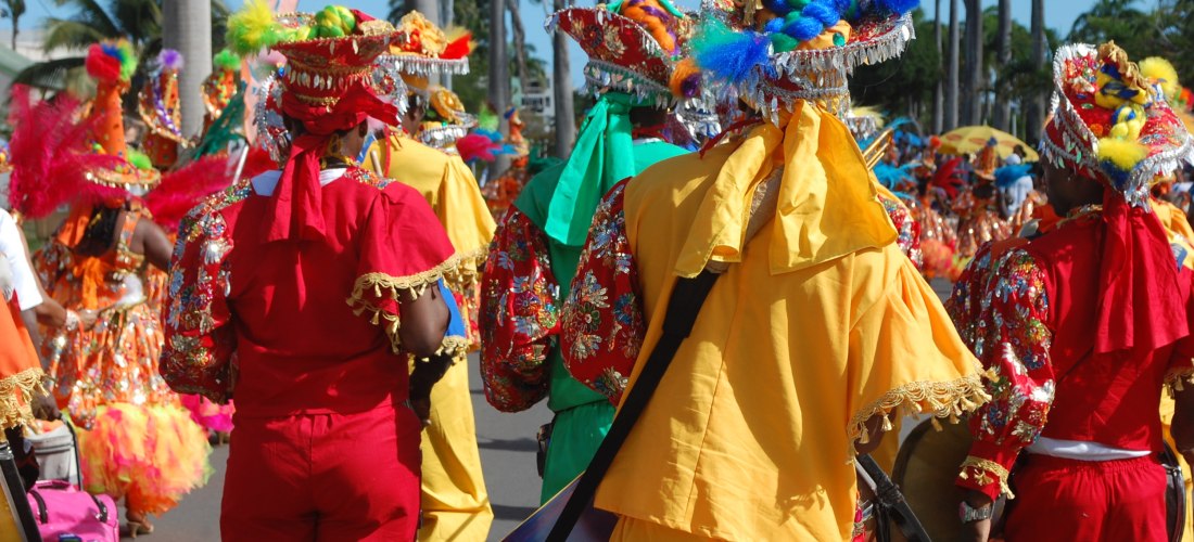 Menschen in bunten traditionellen Karnevalskostümen nehmen an einer Straßenparade teil, umgeben von Palmen und Sonnenschein