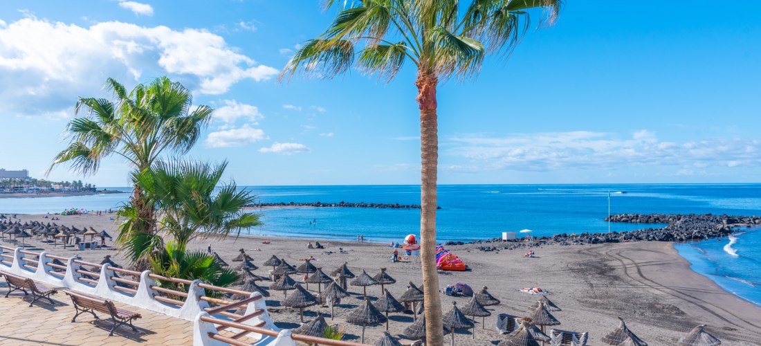 Playa de Troya in Costa Adeje, Teneriffa: Strand mit dunklem Vulkansand, Palmen, Sonnenschirmen und ruhigem Wasser durch Wellenbrecher an der Promenade.