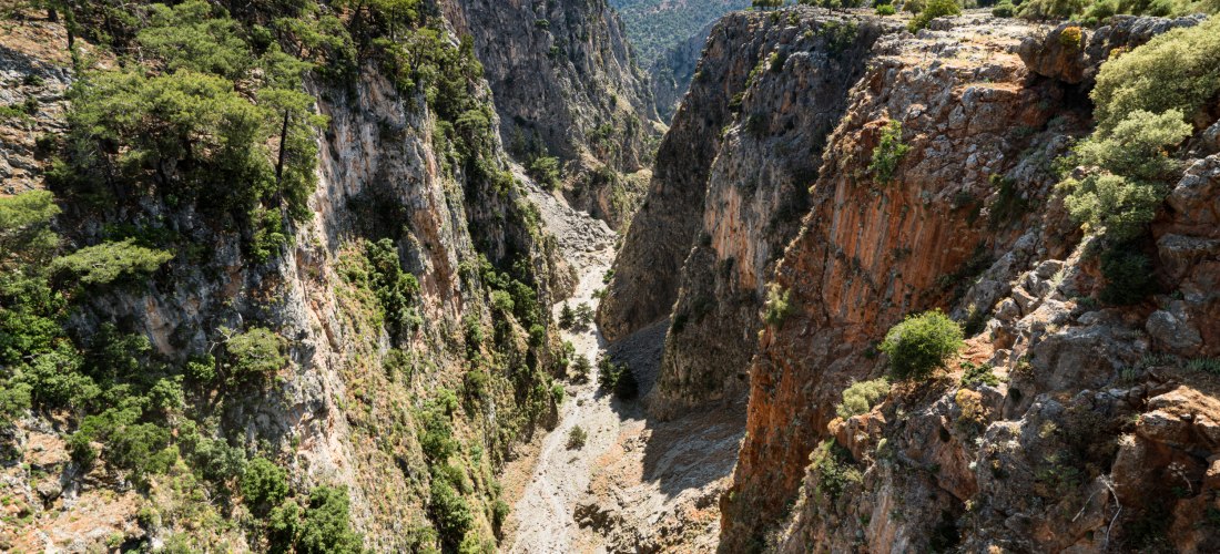 Tiefe Schlucht auf Kreta mit steilen Felswänden, grün bewachsenen Hängen und trockenem Flussbett in der Mitte