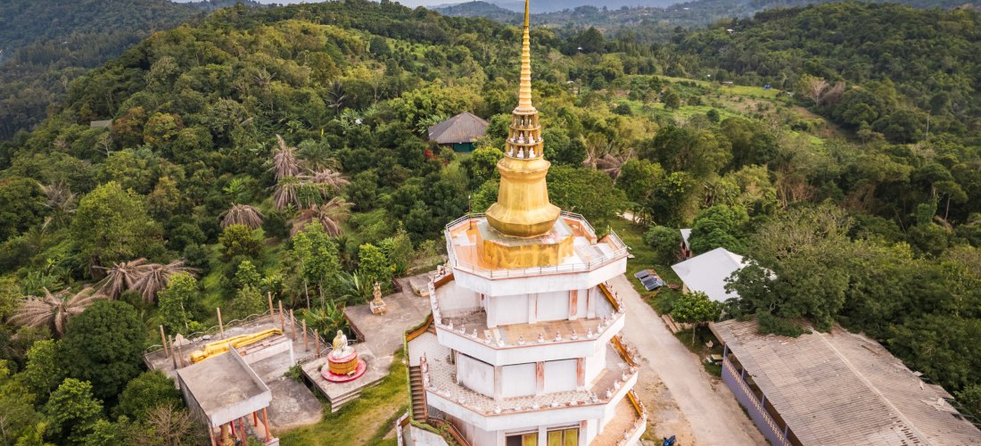 Das Bild zeigt eine beeindruckende Luftaufnahme eines buddhistischen Tempels mit einer goldenen, mehrstufigen Turmspitze. Der Tempel ist achteckig gebaut, weiß mit goldenen und roten Verzierungen, und thront auf einem bewaldeten Hügel. Rundherum erstreckt