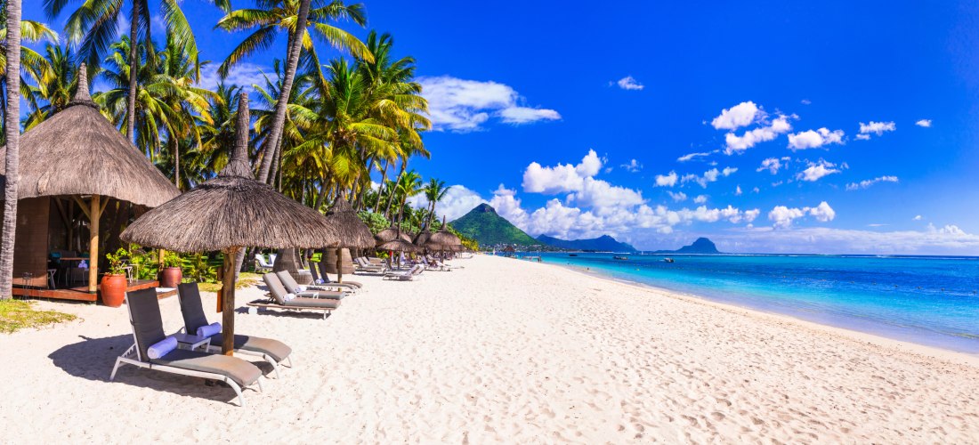 traumhafte Urlaubskulisse an einem tropischen Sandstrand. Im Vordergrund stehen luxuriöse Sonnenliegen unter Strohdach-Sonnenschirmen, die Schatten spenden und für eine entspannte Atmosphäre sorgen. Umgeben von üppigen, hohen Palmen vermittelt der Strand 