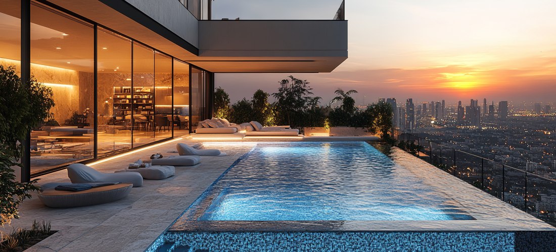 Luxuriöser Infinity-Pool auf dem Dach mit Blick auf die Stadt