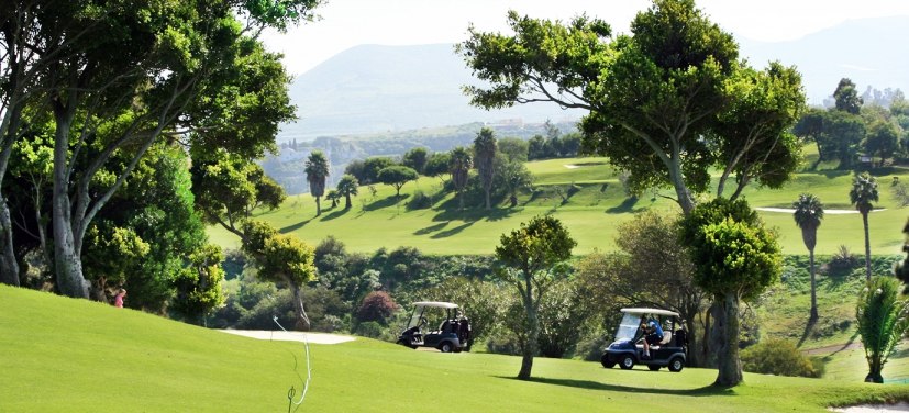 Golfplatz im Grünen, im Hintergrund Berge