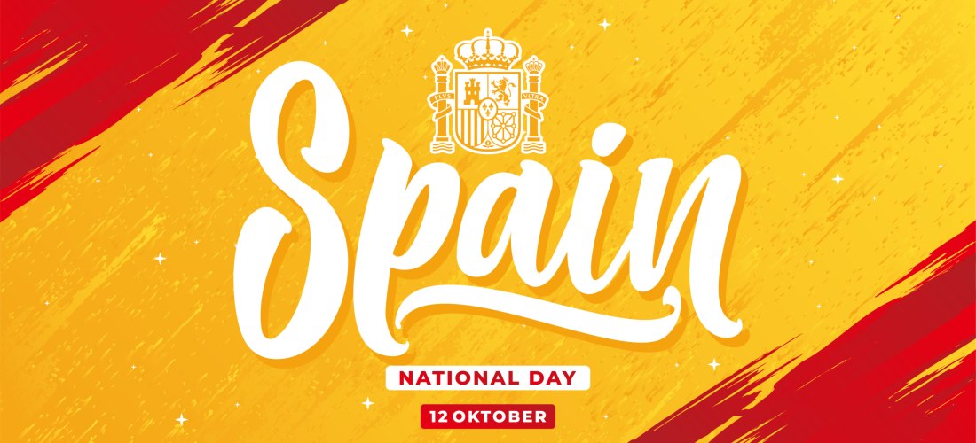 Illustration zum spanischen Nationalfeiertag am 12. Oktober. Auf gelbem und rotem Hintergrund steht in großer, weißer Schrift 'Spain'. Darüber das spanische Staatswappen, darunter 'National Day – 12 Oktober'.