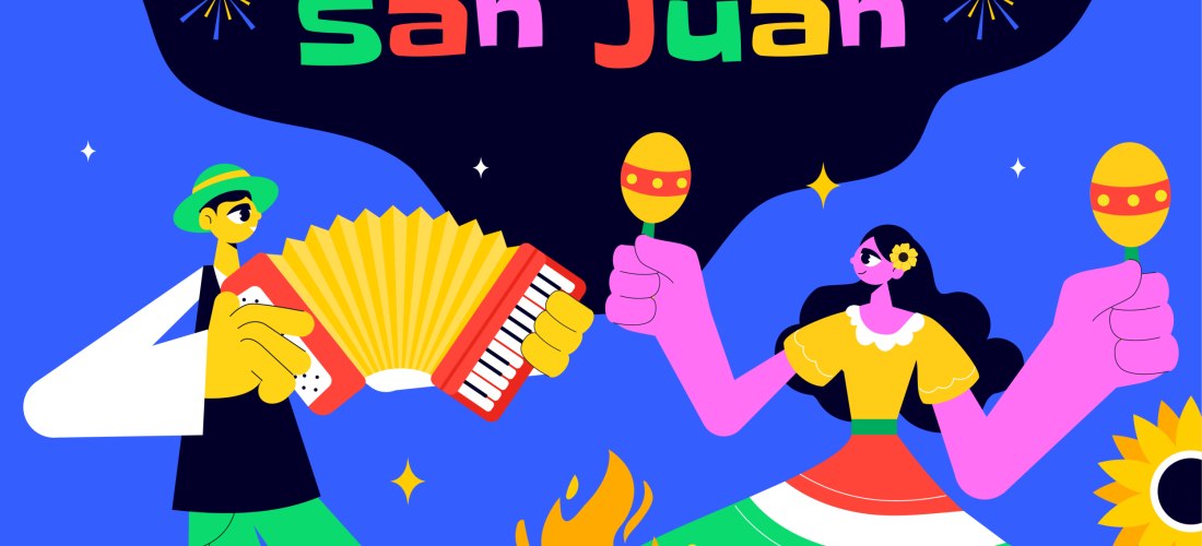 Bunte Illustration mit der Aufschrift 'Fiesta de San Juan'. Links spielt ein stilisierter Mann mit grünem Hut ein Akkordeon. Rechts tanzt eine Frau in einem traditionellen Kleid mit grüner, roter und weißer Farbe und schwingt zwei Maracas. Im Hintergrund 