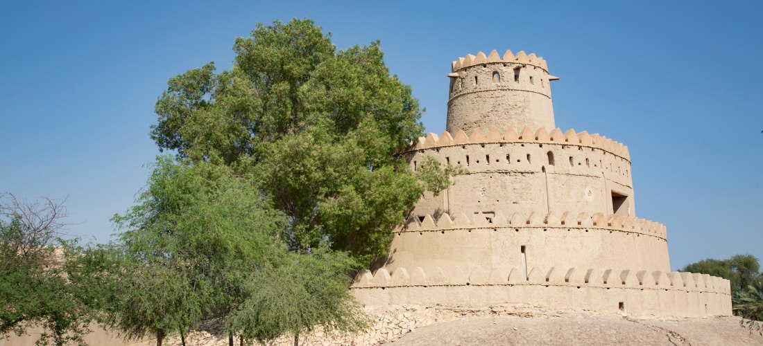 Al Jahili Fort in Al Ain, Vereinigte Arabische Emirate. Rundturm mit traditionellen Zinnen, umgeben von Bäumen. Historisches Wahrzeichen und beliebte Sehenswürdigkeit.
