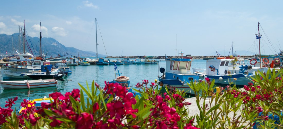 Hafen von Kos mit Fischerbooten und Segelyachten, im Vordergrund rote Blumen, im Hintergrund Berge und das Meer.
