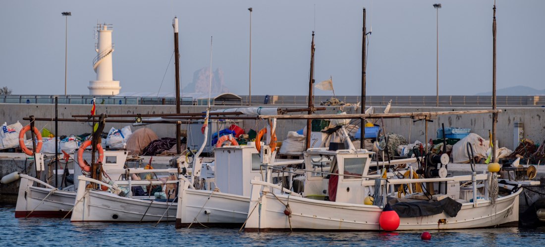 Mehrere kleine weiße Fischerboote im Hafen, ausgestattet mit Netzen, Bojen und Ausrüstung. Im Hintergrund steht derselbe weiße Leuchtturm, dahinter eine Hafenmauer und ein Felsen im Meer