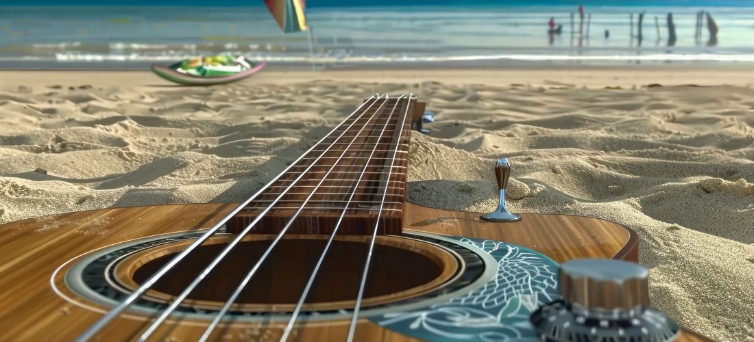 E-Gitarre am Strand bei Sonnenuntergang. Musikalisches Instrument. 