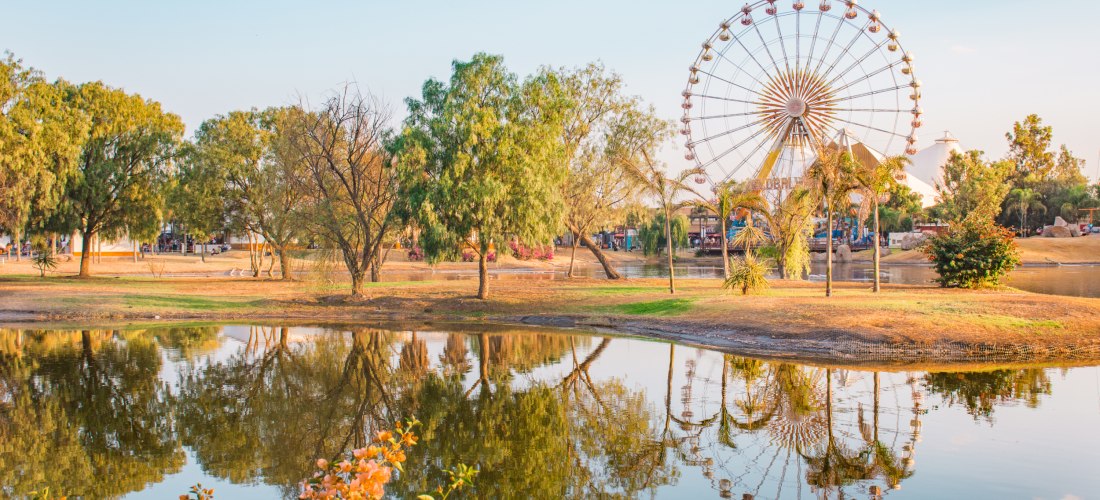 Ein malerischer Park mit einem ruhigen See, in dem sich Bäume und ein großes Riesenrad spiegeln, umgeben von grüner Natur und einer warmen Abendstimmung