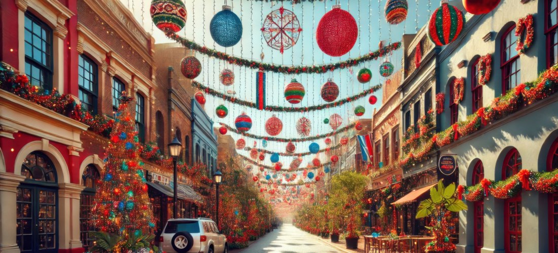 Lebendige, festlich geschmückte Einkaufsstraße mit Girlanden, Kugeln und bunten Lichtern. Die Gebäude sind mit Weihnachtsdekoration versehen, es hängt eine südafrikanische Flagge im Hintergrund.