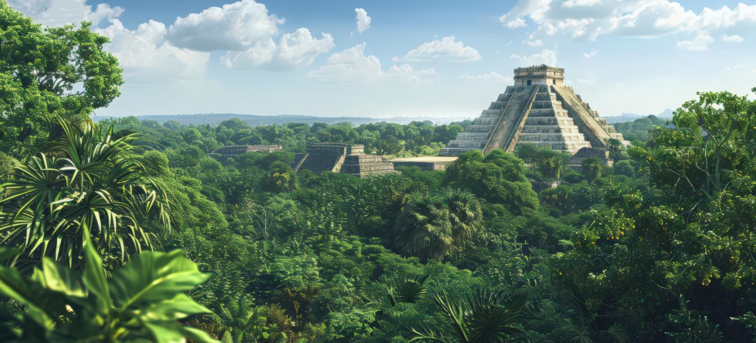 Tempel des Kukulkan, umgeben von üppigem Dschungel und historischen Ruinen unter einem klaren blauen Himmel