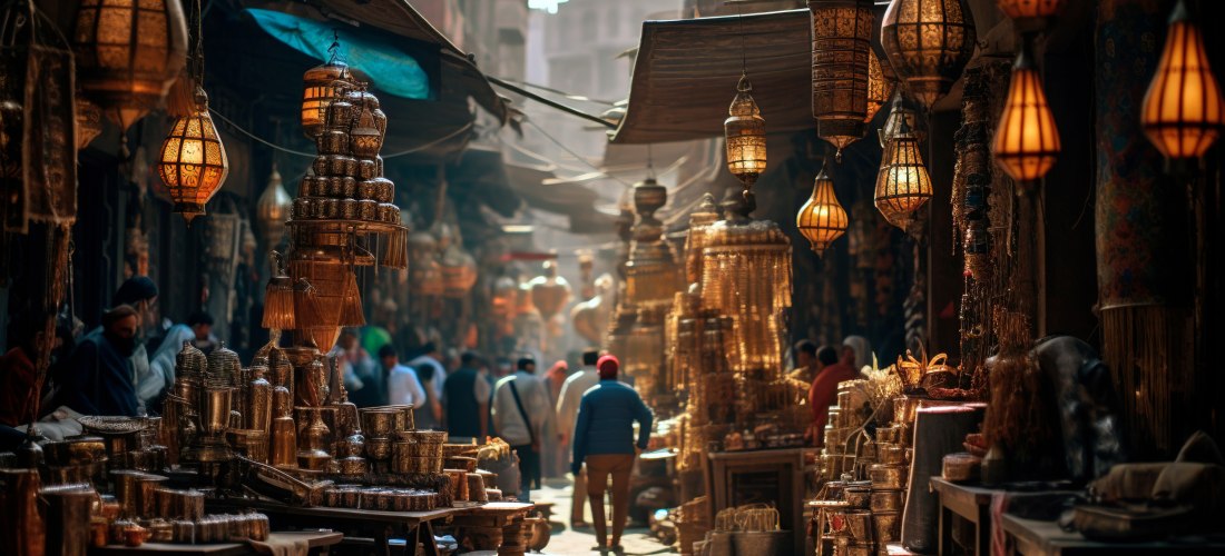 Marktszene in einer engen Gasse von Marrakesch. Menschen gehen zwischen kleinen Ständen mit traditionellen Lampen, Körben und Waren hindurch. Warmes Licht von orientalischen Laternen, viele Brauntöne, geschäftige Atmosphäre.