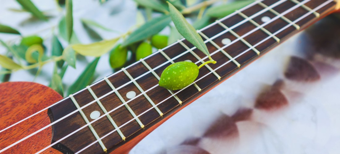 Nahaufnahme einer hölzernen Ukulele oder Gitarre mit einem einzelnen grünen Olivenzweig, der samt Frucht auf den Saiten und Bünden des Griffbretts liegt. Im Hintergrund sind weitere Olivenblätter unscharf sichtbar.
