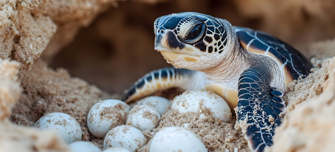 Nahaufnahme einer Meeresschildkröte, die an einem tropischen Strand ihre frisch gelegten Eier vorsichtig mit Sand bedeckt und so das Nest für die zukünftigen Jungtiere schützt.