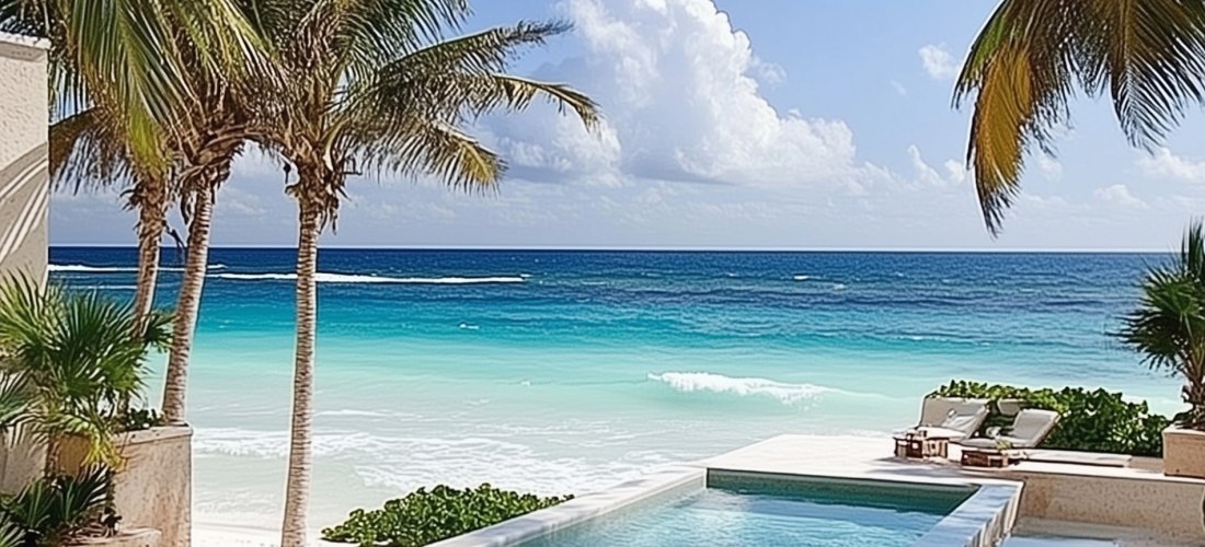 Weißes Strandhaus mit Pool, Palmen und blauem Meerblick