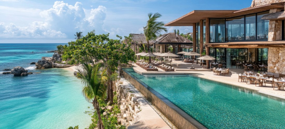 Luxushotel mit Infinity-Pool und Blick auf tropischen Strand an der Riviera Maya