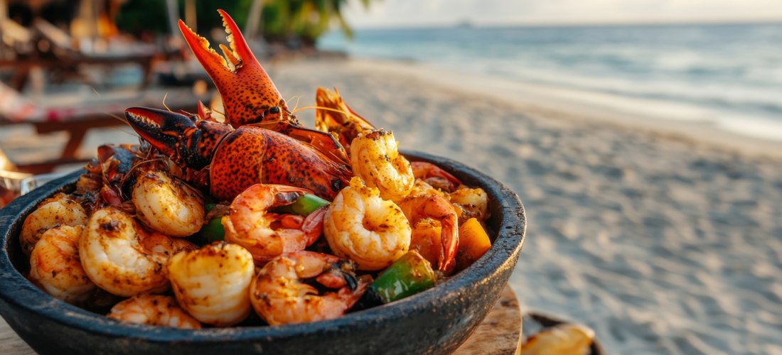 Meeresfrüchte am Strand, in einer Schüssel