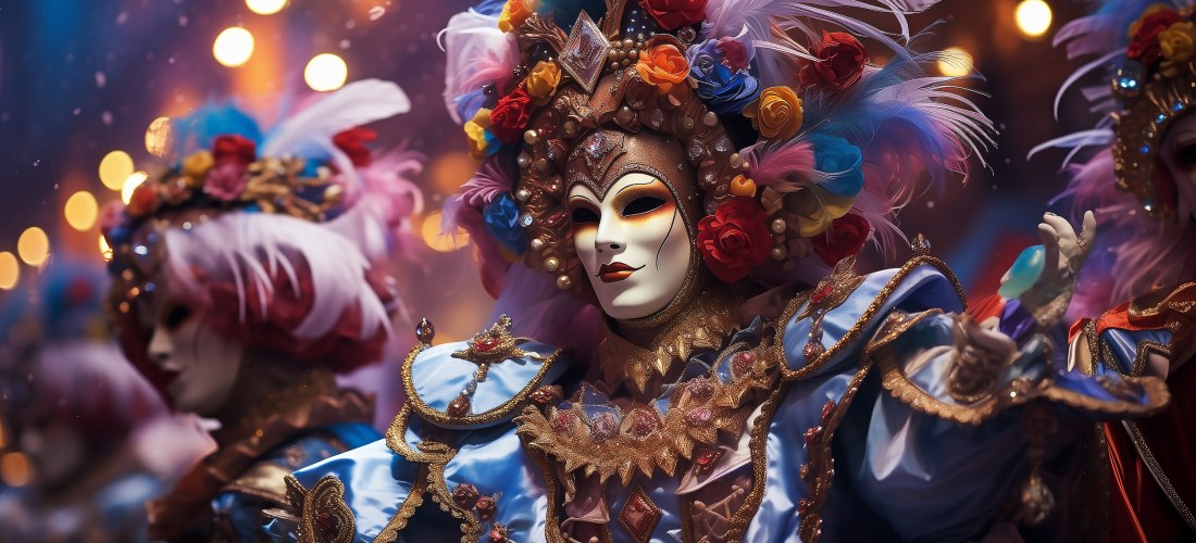 Person in prächtigem Karnevalskostüm mit kunstvoller Maske, bunten Federn, Perlen und Blumen im Kopfschmuck. Im Hintergrund weitere Maskierte und festliche Beleuchtung.