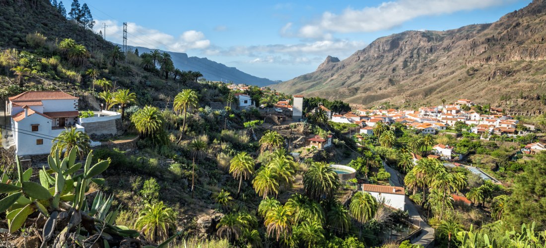 Blick auf das Bergdorf Fataga auf Gran Canaria mit weißen Häusern, roten Ziegeldächern, Palmen und umgebenden Bergen.
