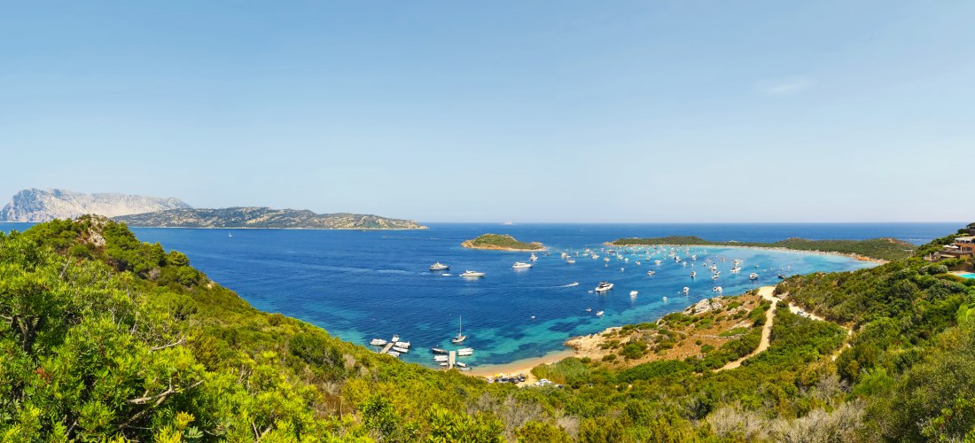 Panoramablick über Porto San Paolo auf Sardinien mit Yachten in der Bucht, grüner Küstenlandschaft und der vorgelagerten Insel Tavolara im Mittelmeer