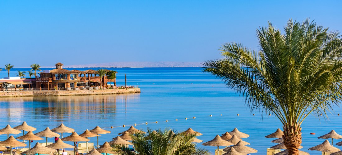 Blick auf Strand, Sonnenliegen, Meer und Palmen