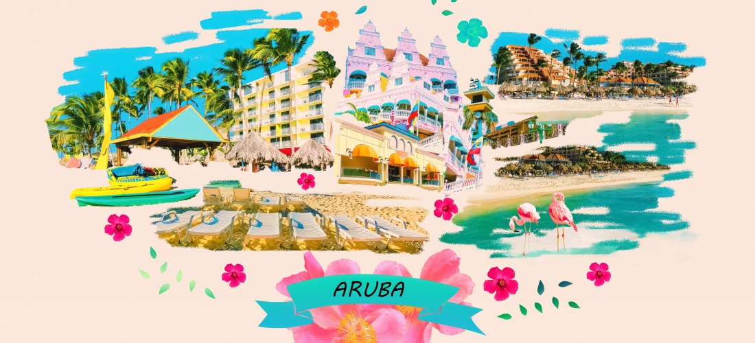 Bunte Collage mit typischen Motiven von Aruba: weiße Strände mit Liegen, Flamingos im türkisblauen Wasser, farbenfrohe Kolonialgebäude in Oranjestad, Strandresorts mit Palmen und ein Banner mit der Aufschrift 'Aruba' über einer Hibiskusblüte. Die Gestaltu