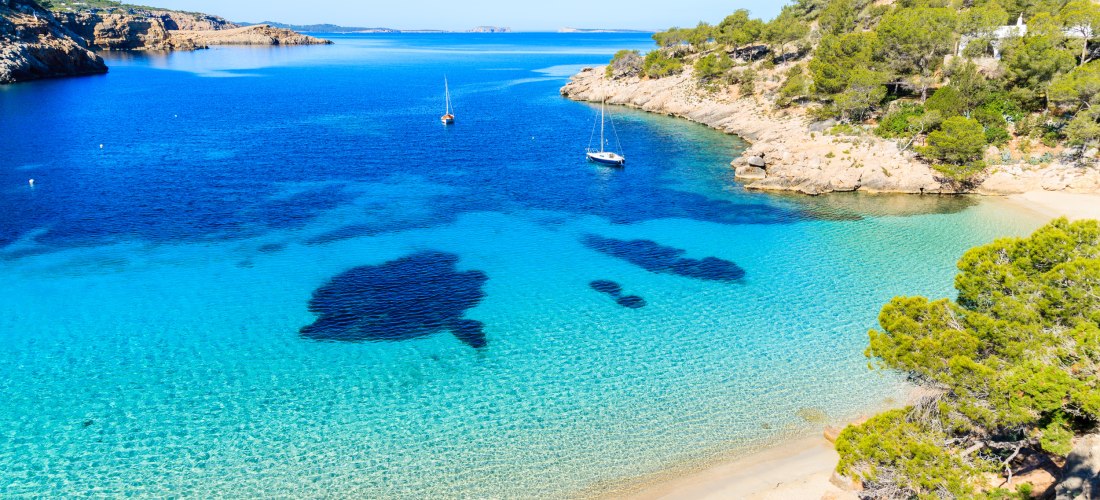 Blick auf die Bucht Cala Saladeta auf Ibiza mit glasklarem türkisblauem Wasser, hellem Sandstrand und bewaldeten Felsen. Zwei Segelboote ankern in der Bucht.
