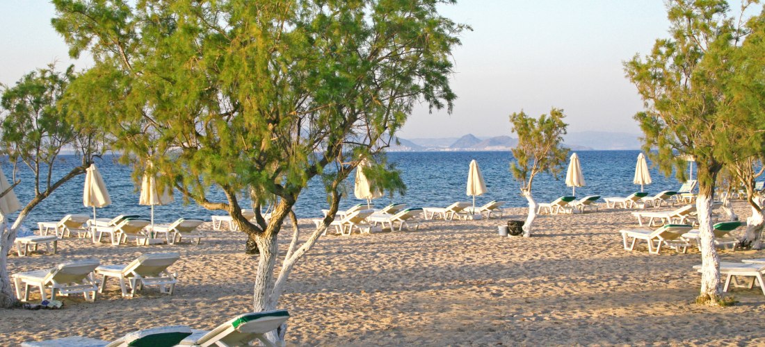Breiter Sandstrand mit verstreuten Bäumen, weiß gestrichenen Baumstämmen und Reihen von weißen Sonnenliegen mit beigen Sonnenschirmen. Im Hintergrund glitzert das ruhige Meer, dahinter sind Hügel und Inseln zu sehen.