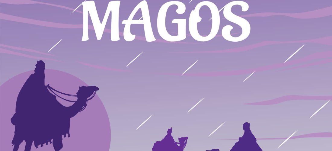 Illustration mit drei Heiligen Königen auf Kamelen in einer Wüstenlandschaft bei Sonnenaufgang. Oben steht in großen Buchstaben 'Feliz Día de Reyes Magos' auf violettem Hintergrund.