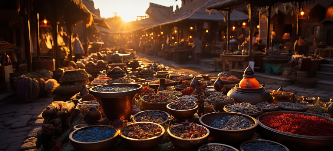 Orientalischer Markt in Marokko bei Sonnenuntergang mit vielen offenen Schalen voller bunter Gewürze im Vordergrund. Im Hintergrund traditionelle Marktstände und Gebäude, stimmungsvoll beleuchtet durch das warme Licht der tief stehenden Sonne.