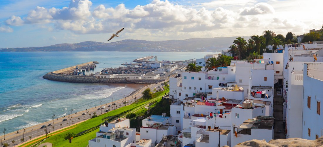 Panoramablick auf Tanger, Marokko, mit weißen Häusern, Palmen, Atlantikküste und Hafen – malerische Aussicht über die Stadt und das Meer.