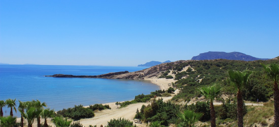 Das Bild zeigt eine ruhige, geschwungene Bucht mit einem breiten Sandstrand. Im Vordergrund stehen zahlreiche Palmen und grüne Sträucher. Der Sandstrand erstreckt sich entlang des klaren, türkisblauen Wassers. Auf dem Strand sind vereinzelt Menschen zu er