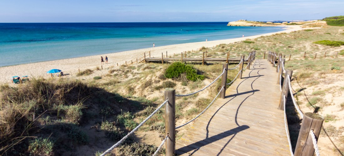 Ein hölzerner Steg mit Seilen führt über Dünen zum breiten Sandstrand von Son Bou auf Menorca. Im Hintergrund erstreckt sich das türkisfarbene Mittelmeer.
