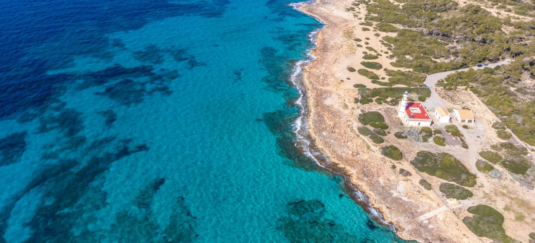 Eine felsige Küste mit einem markanten Leuchtturm mit rot-weißem Dach, umgeben von flachen Sträuchern und Sandpfaden. Das Meer ist türkisblau und trifft auf die zerklüfteten Felsen der Küste. Der Leuchtturm steht auf einem leicht erhöhten Plateau und dien