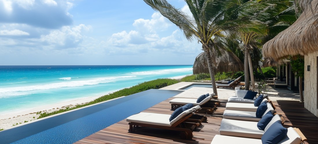 Tropisches Strandresort mit Infinity-Pool und Meer