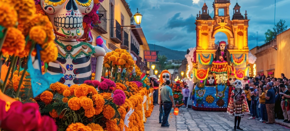 Festliche Parade zum Tag der Toten mit farbenfrohen Catrina-Kostümen und Ringelblumenschmuck auf einem lebhaften mexikanischen Stadtplatz